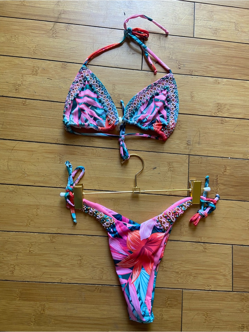 Girls Pink & Teal Floral Tie-Side Bikini Set